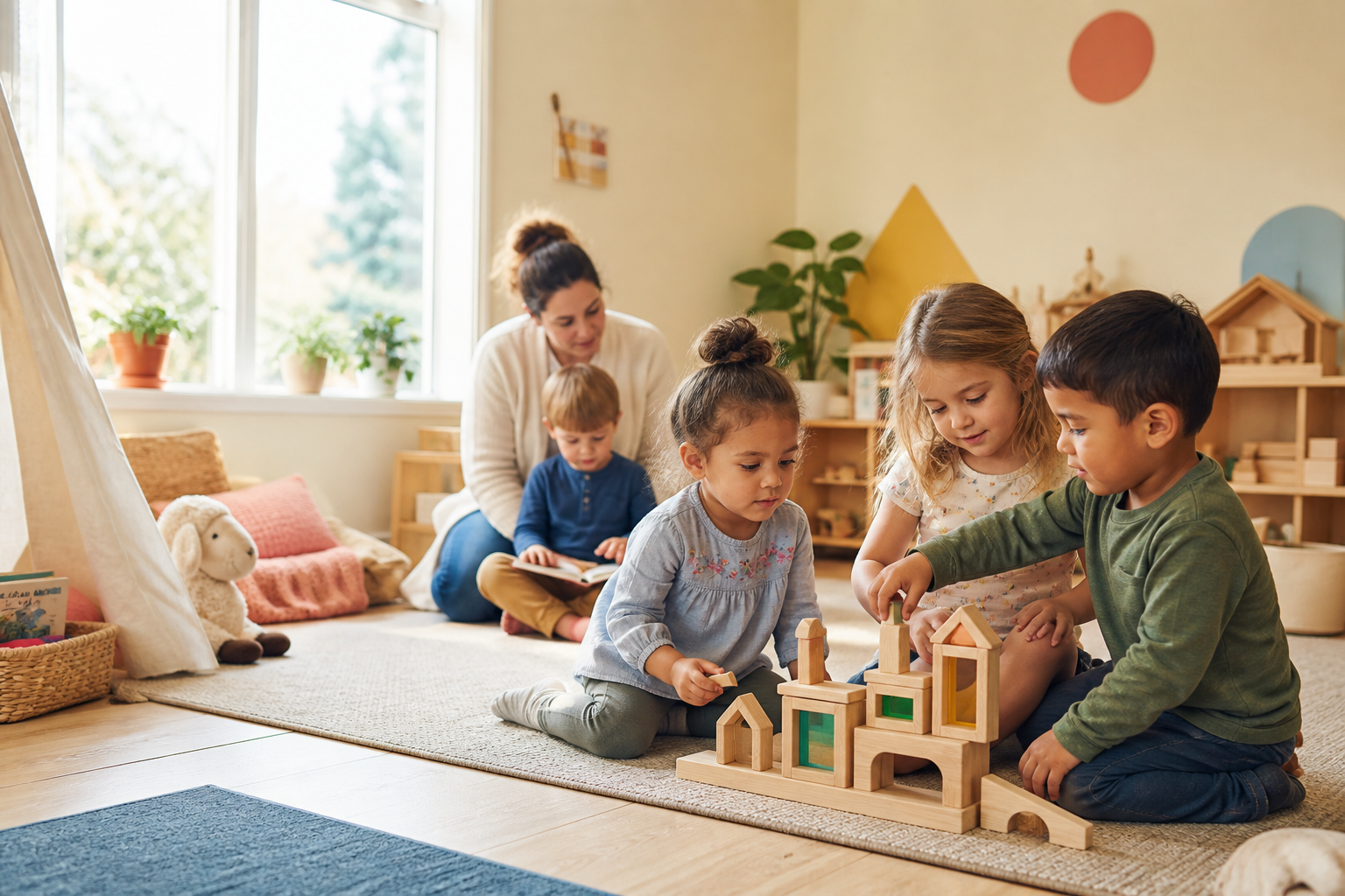 Children building with wooden blocks in a bright, welcoming playroom